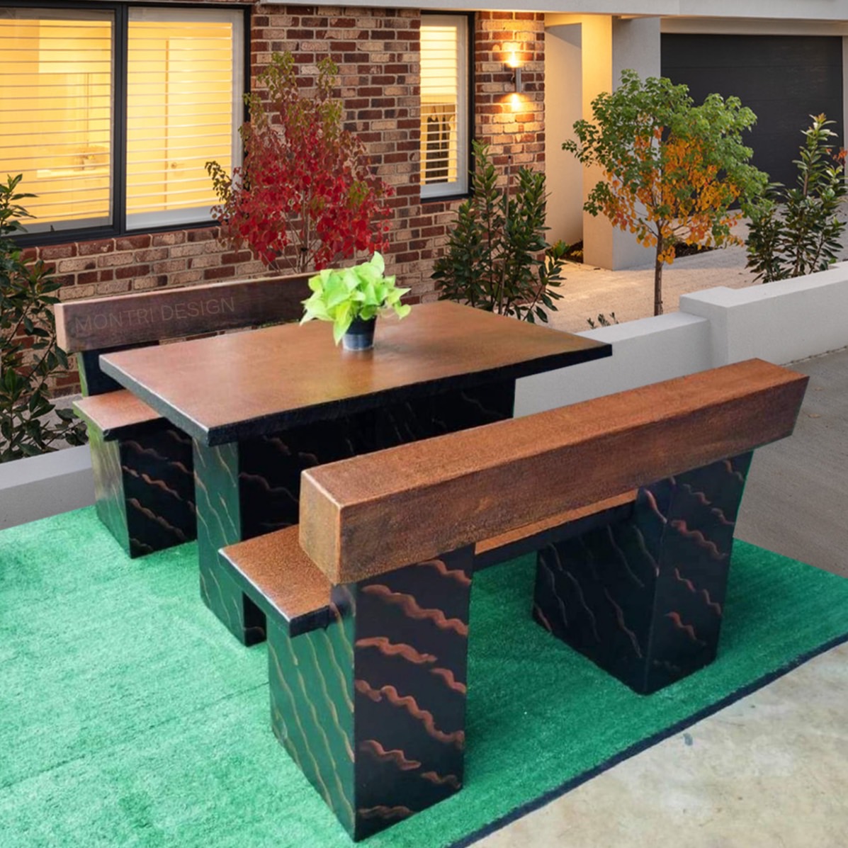 ชุดโต๊ะปูนโมเดิร์น โต๊ะปูนโมเดิร์นเก้าอี้พนักพิง โต๊ะสนาม โต๊ะสนามกลาง รุ่น LA611 ลายไม้ ขนาด 120*80 cm.