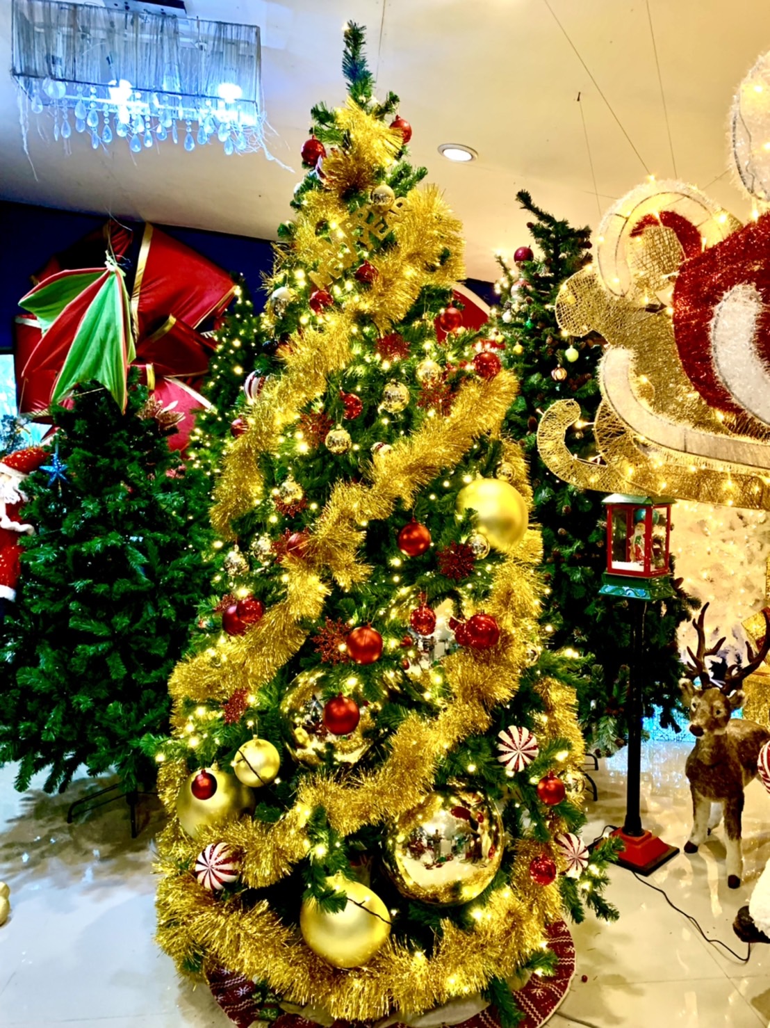 ขายต้นคริสต์มาสปลอมพร้อม ของ ตกแต่ง ในธีมครีสต์มาสสีแดง ทอง