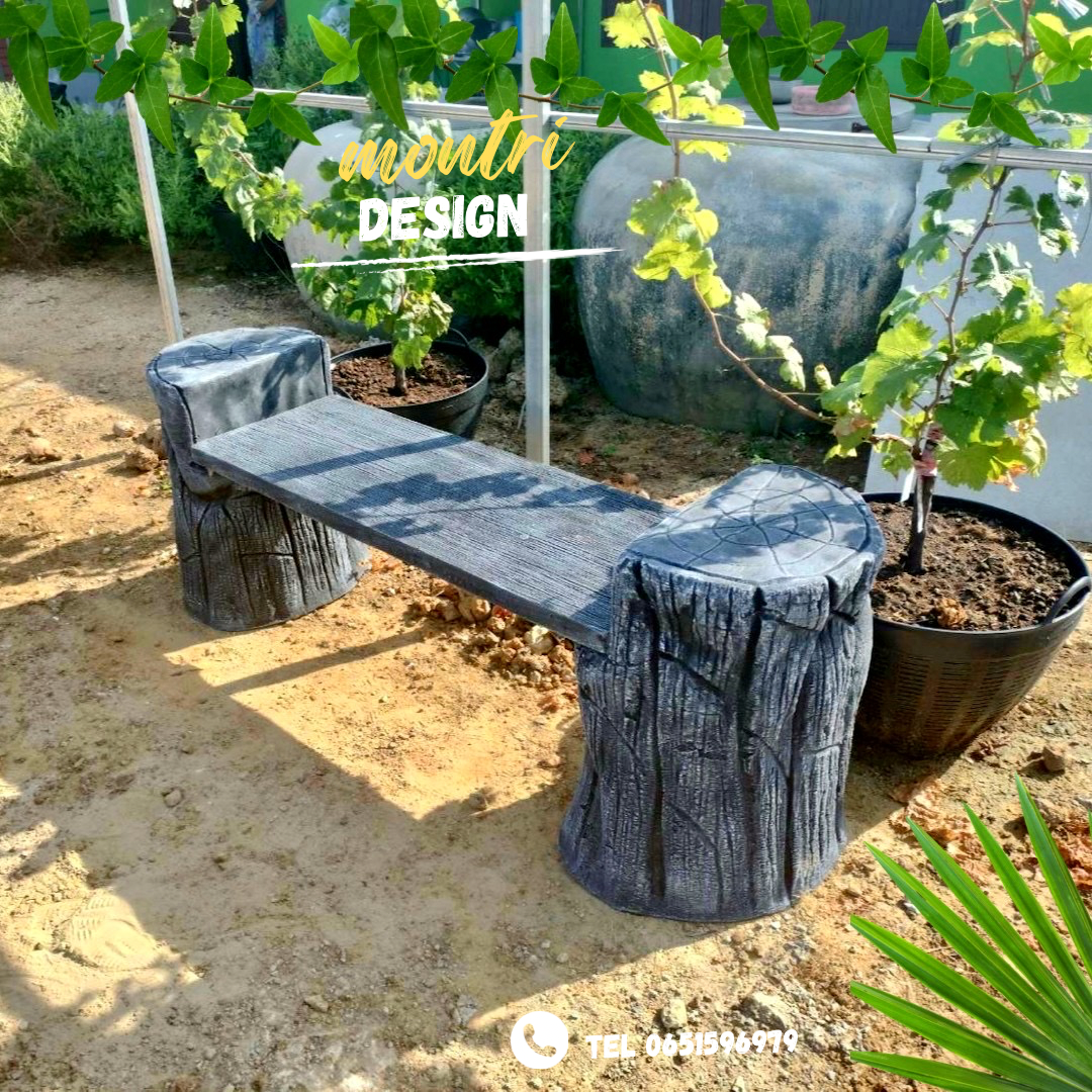 เก้าอี้สนามปูนลายไม้ ทำจากปูนปั้นสด เสมือนไม้จริง ดูเป็นธรรมชาต ปัดสีด้วยมือสุดปราณีต สีเทา