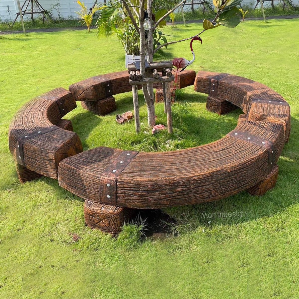 เก้าอี้รอบต้นไม้ เก้าอี้ไม้หมอนทรงโค้ง เก้าอี้ปูนลายไม้ รุ่น Reef05 set 4 ที่นั่ง สีน้ำตาลลายไม้ ม้านั่งปูนลายไม้