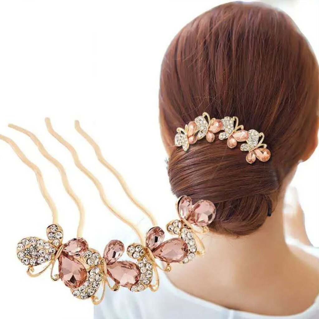 หวีเสียบ/ปิ่นปักผม *รุ่นขาหยัก 4 ขา* โลหะสีทอง ลายคริสตัลผีเสื้อ สีส้ม แซมเพชร