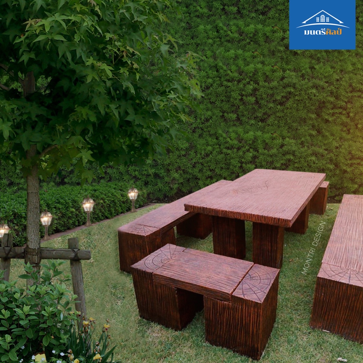 ชุดโต๊ะสนามปูนลายไม้ โต๊ะปุนลายไม้ โต๊ะปูนสนามลายไม้ขนาดใหญ่ เหมาะสำหรับนั่งทั้งในร่มหรือกลางแจ้ง งาน DiY