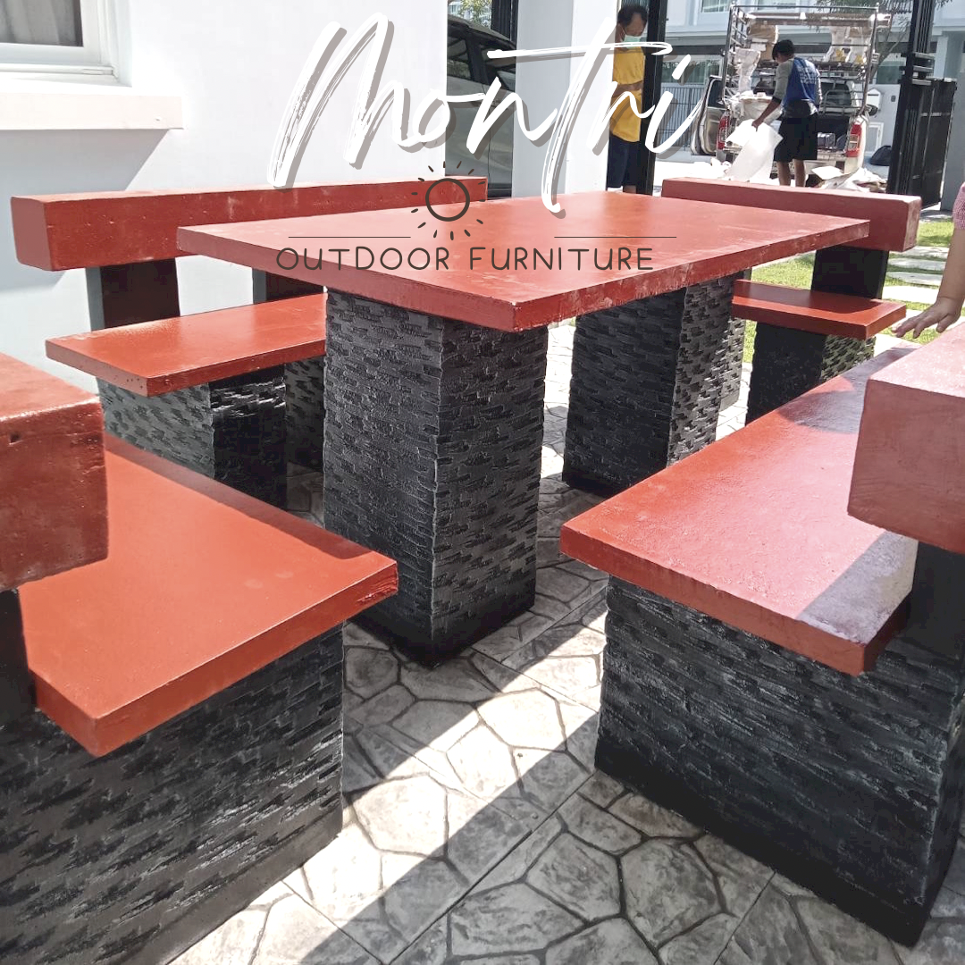 โต๊ะโมเดิร์นพนักพิง โต๊ะสนามปูนปั้น โต๊ะสนามโมเดิร์น มีเก้าอี้พนักพิงทั้ง 4 ด้าน ขนาด 150*80 cm. รุ่น 9AM สีแดงเลือดนก
