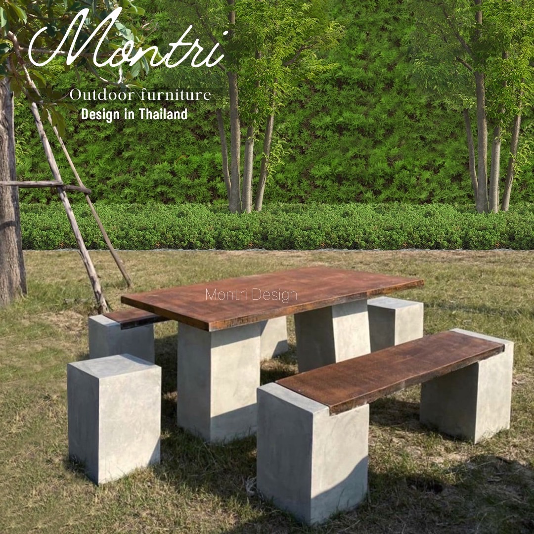 โต๊ะม้านั่ง โต๊ะสนามปูนปั้น SET เก้าอี้แผ่นพาด ชุด 6 ที่นั่ง สไตล์โมเดิร์น สุดยอดการออกแบบ งานดีไซน์โดยคนไทย สุดปราณีต นั่งสบาย สวยงาม แข็งแรง เข้ากับตัวบ้านและสวนได้อย่างลงตัว
