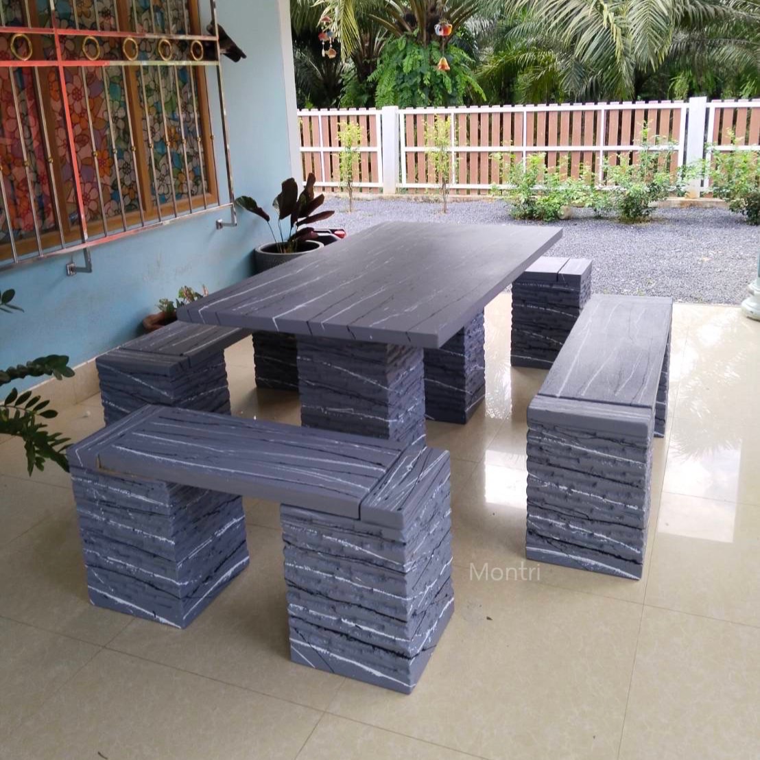 โต๊ะสนาม โต๊ะสนามกลางแจ้ง โต๊ะปูนสนาม ชุดโต๊ะสนามปูนสไตล์โมเดิร์น ชุด 8 ที่นั่ง พาดยาว ทั้ง 4 ด้าน สีเทาเข้มสลัดดำขาว