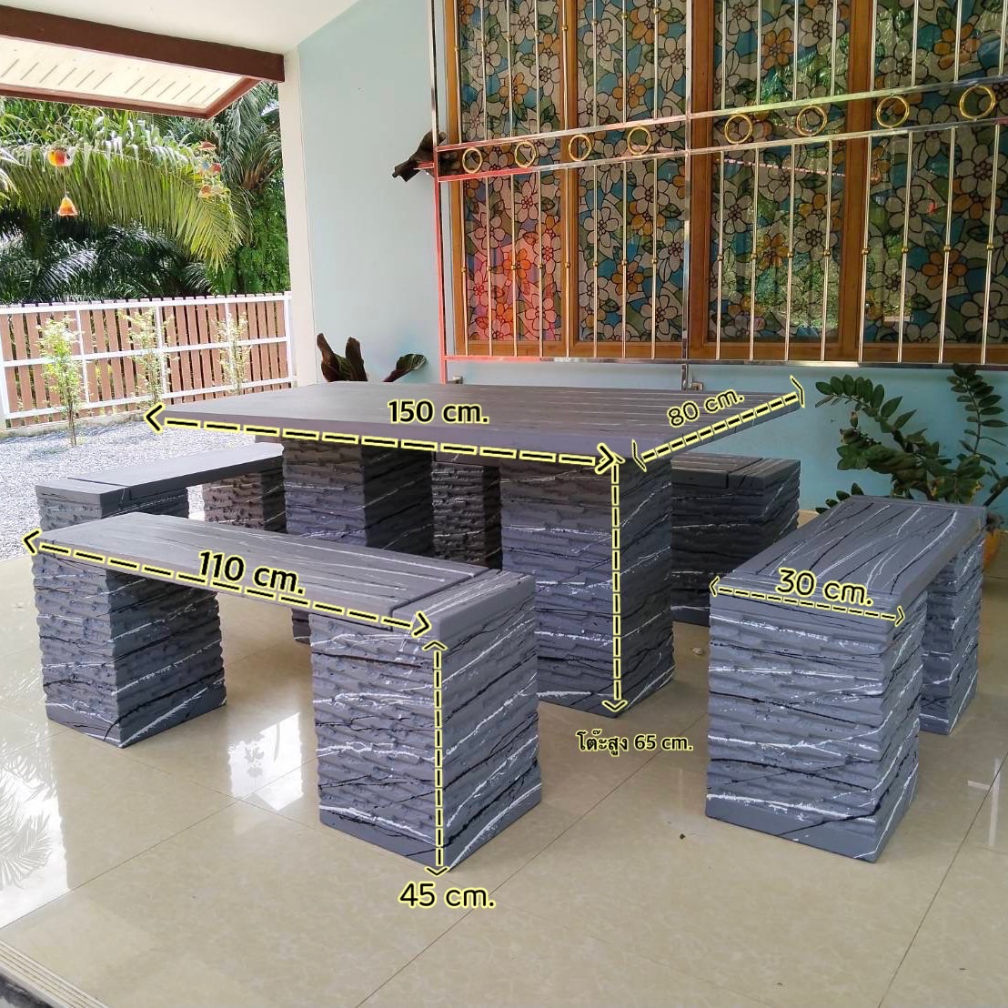 โต๊ะสนาม โต๊ะสนามกลางแจ้ง โต๊ะปูนสนาม ชุดโต๊ะสนามปูนสไตล์โมเดิร์น ชุด 8 ที่นั่ง พาดยาว ทั้ง 4 ด้าน สีเทาเข้มสลัดดำขาว
