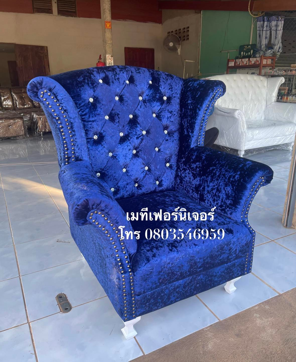 โซฟาเจ้าหญิงแบบ 1 ที่นั่ง สไตล์วินเทจ ผ้ากำมะหยี่สีน้ำเงินเข้ม