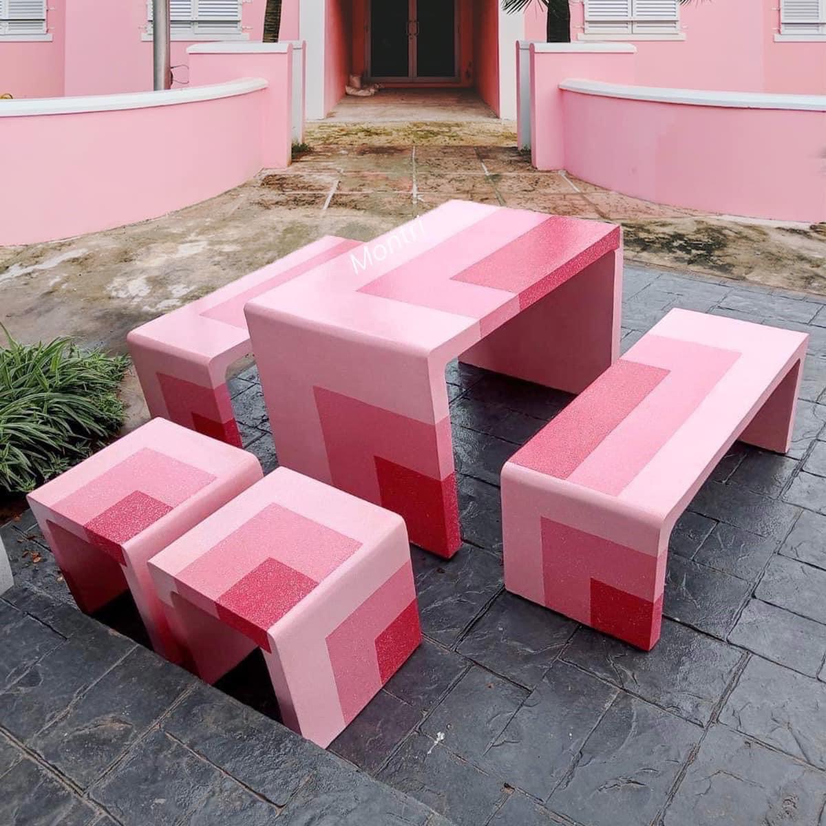 โต๊ะปูนสวยๆ โต๊ะสนาม ชุดโต๊ะสีชมพู โต๊ะสนามกลางแจ้ง ตัว U ขนาด 1 เมตร ส่งตรงจากโรงงาน จัดส่งพร้อมติดตั้งทั่วไทย