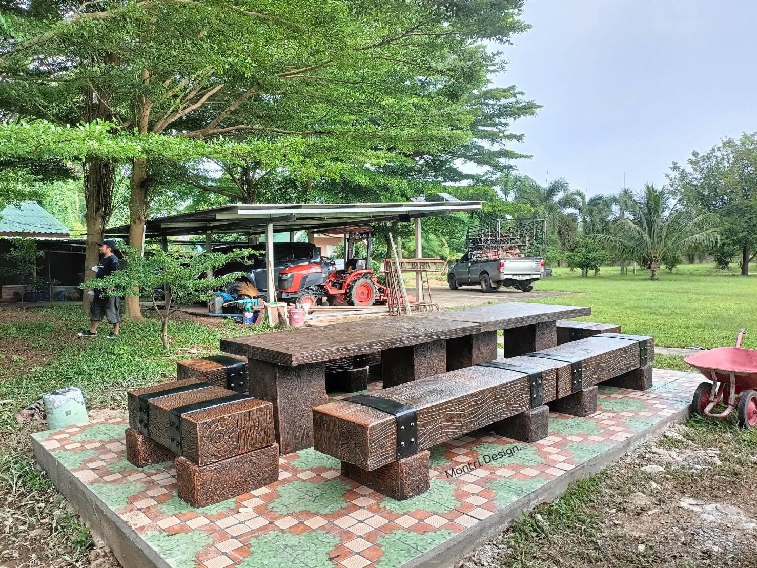 ชุดโต๊ะปูนลายไม้ ชุดโต๊ะไม้หมอน โต๊ะชุดไม้หมอน รุ่น Tree9 โต๊ะยาว 3.6 เมตร ชุดโต๊ะปุนลายไม้