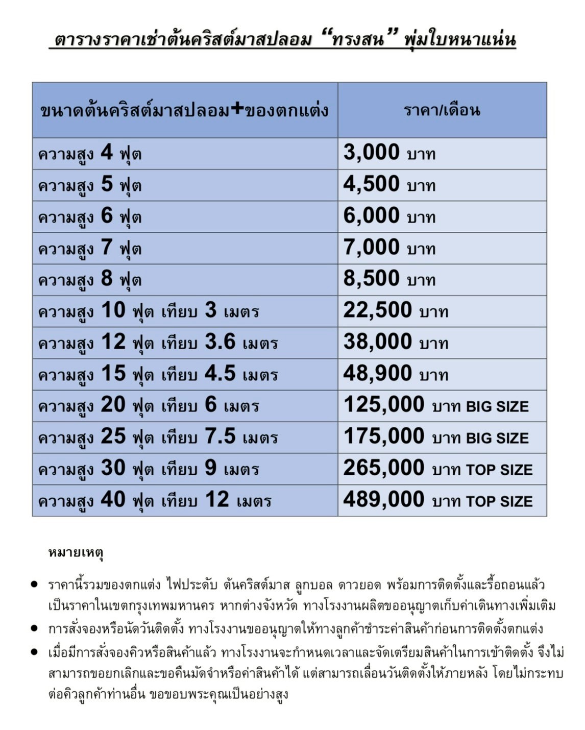 ตารางราคาการเช่าต้นคริสต์มาส