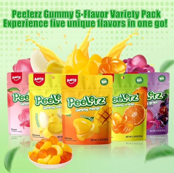 เยลลี่ผลไม้ AMOS Peelerz Gummy มี 7 รสชาติ ส้ม / พีช /องุ่น / กล้วย / มะม่วง / แอปเปิ้ล บรรจุ 40 g