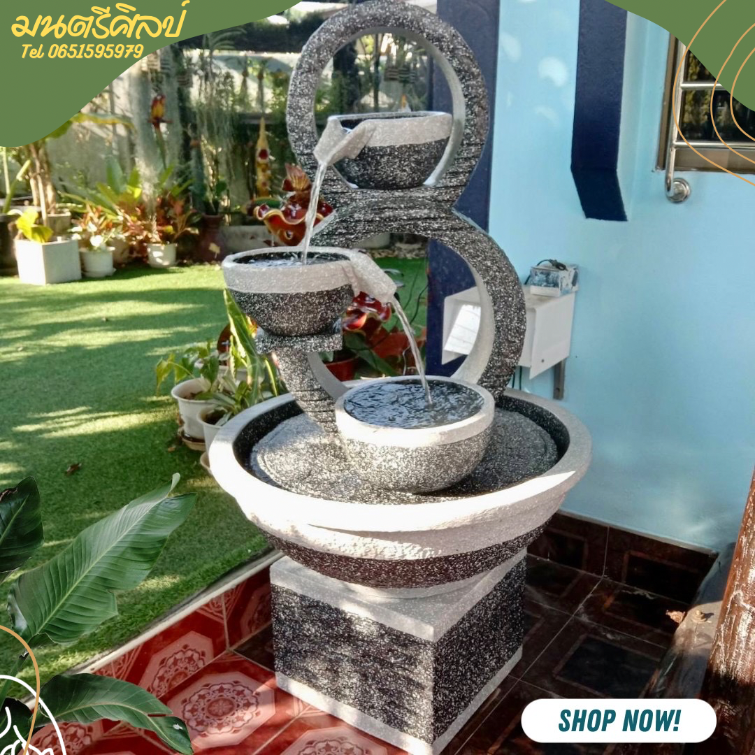 น้ำล้นโมเดิร์น เลข 8 มงคล น้ำพุแต่งสวน ฮวงจุ้ยน้ำพุ น้ำล้นเลข8 รุ่น 8 เบทเทาขีดขาว