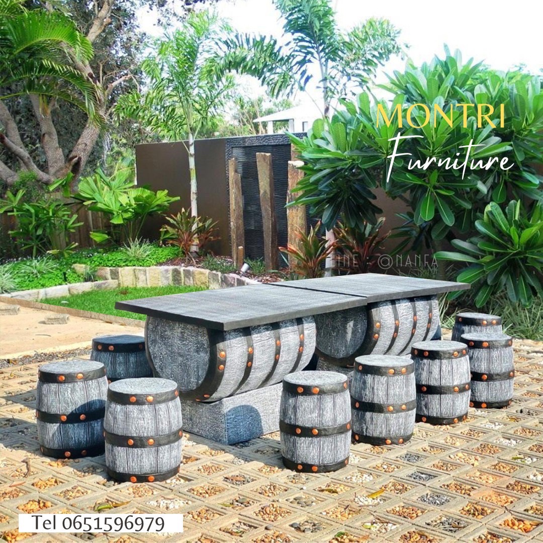 ชุดโต๊ะนามปูนลายไม้ ชุดโต๊ะถัง โต๊ะสนามปูนปั้น 12 ที่นั่ง สีเทาวิลเทจ