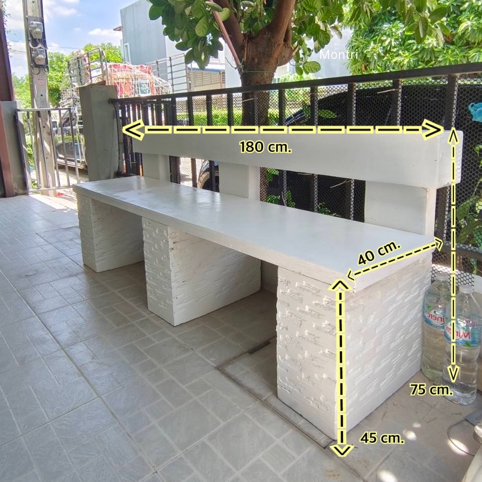 เก้าอี้สนามพนักพิง เก้าอี้พนักพิง สีขาว ม้านั่งเล่นในสวน เก้าอี้ปูนพนักพิงลายไม้ ขนาดยาว 180 cm