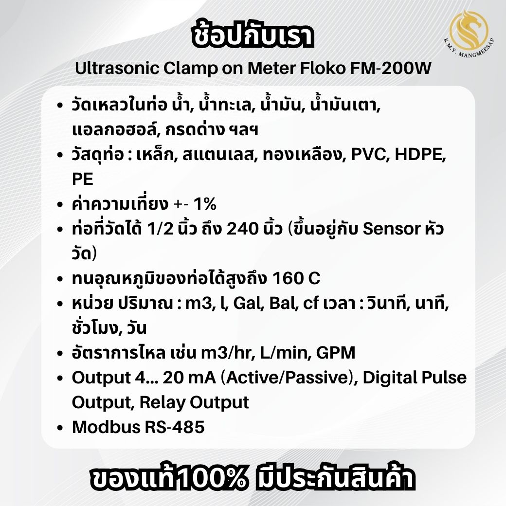 FM-200W เครื่องวัดอัตราการไหลของเหลว แบบอุลตร้าโซนิคชนิดรัดท่อแบบติดตั้ง