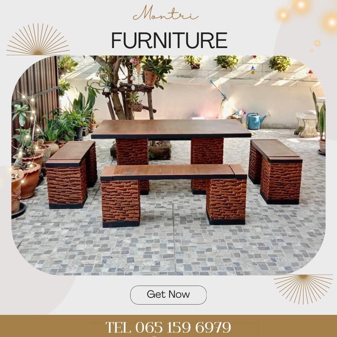 โต๊ะปูนสนาม ชุดโต๊ะสนามปูนสไตล์โมเดิร์น ชุด 8 ที่นั่ง พาดยาว สีดิน