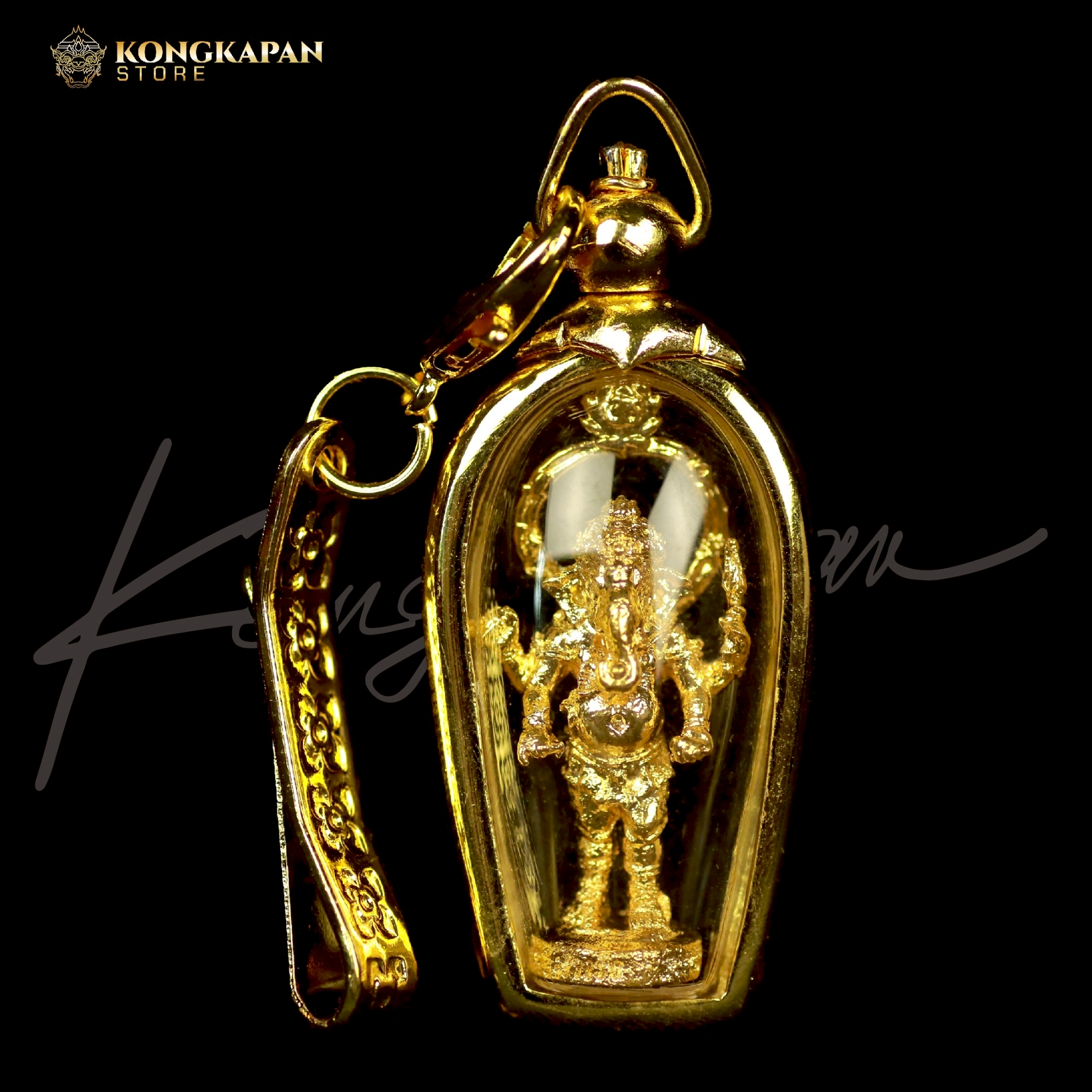 รูปหล่อพระพิฆเนศลอยองค์ ปางยืน สำเร็จ สมปรารถนา เนื้อทองทิพย์ พร้อมกรอบ