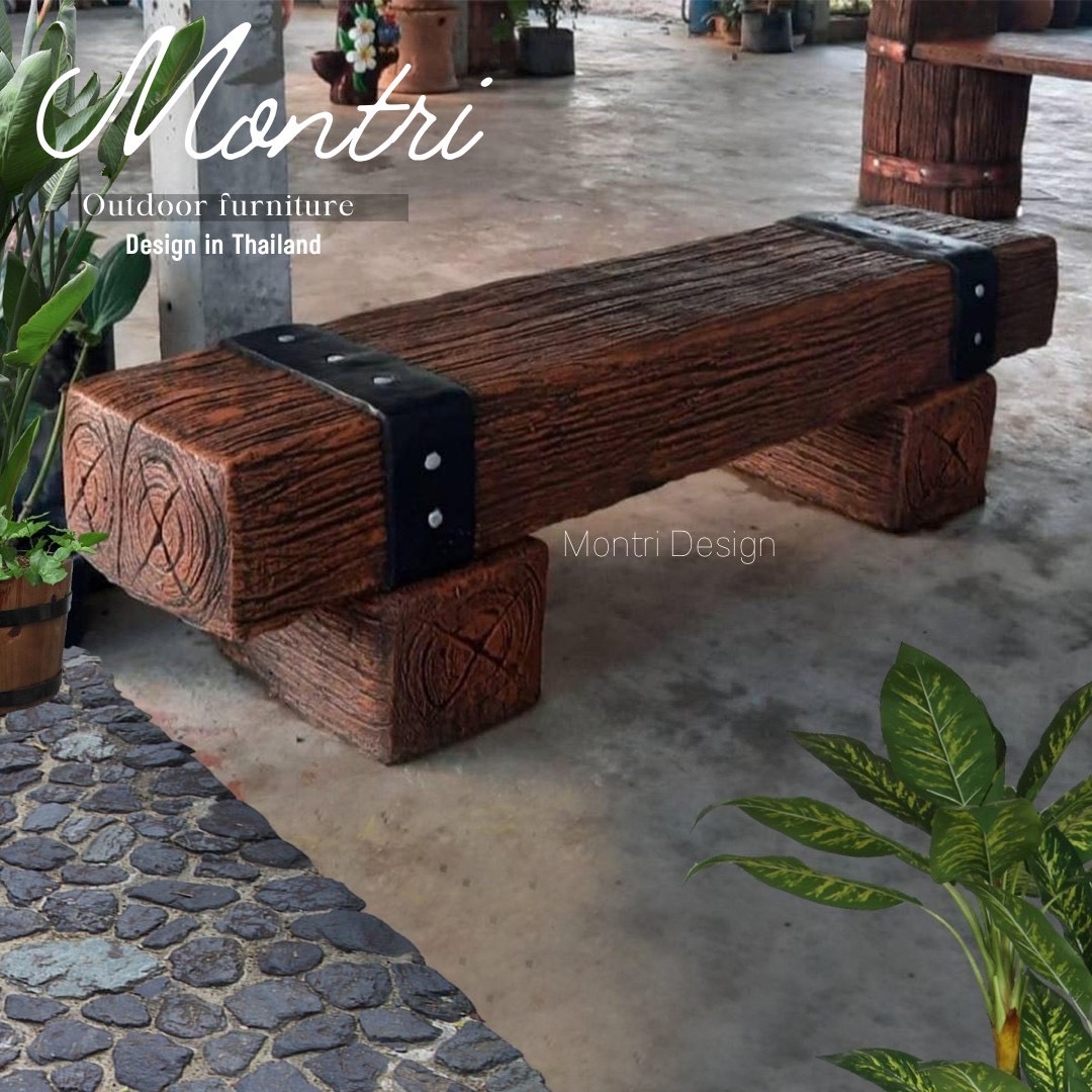 เก้าอี้ไม้หมอน สีน้ำตาลคาดดำ 30x150x40 cm. ม้านั่งสนามปูน เก้าอี้ปูนปั้น