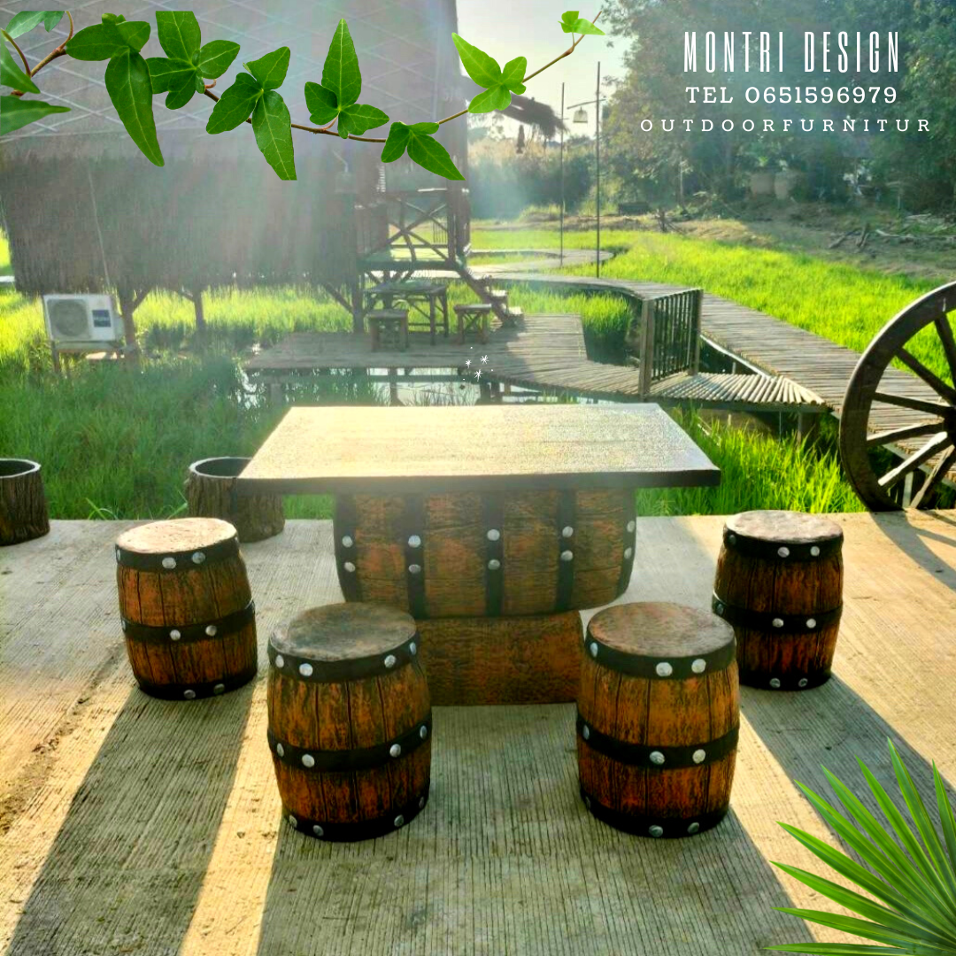 ชุดโต๊ะนามปูนลายไม้ ชุดโต๊ะถัง โต๊ะสนามปูนปั้น 6 ที่นั่ง สีไม้โอ๊ค