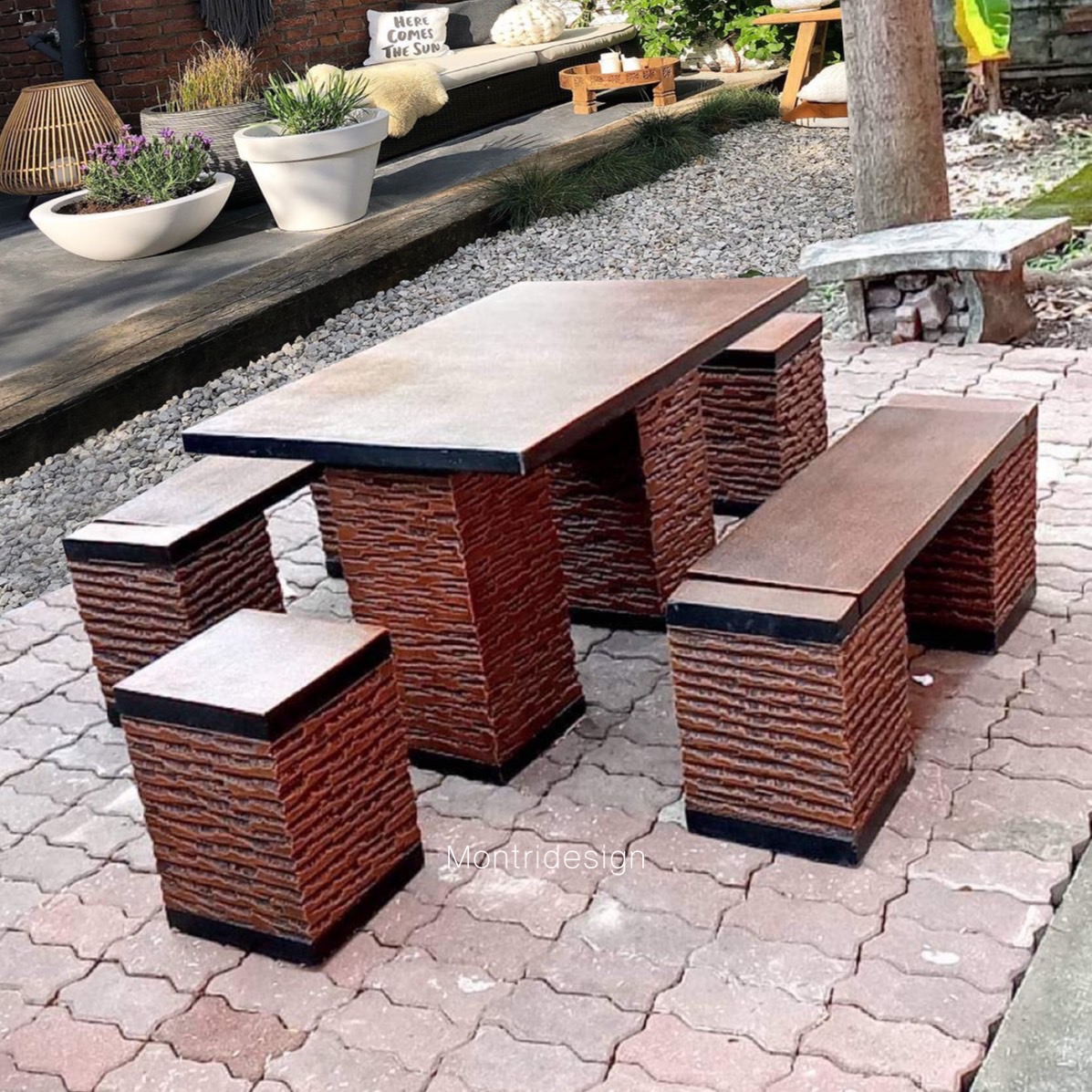 ชุดโต๊ะปูนสนาม 6 ที่นั่ง สีดิน ชุดโต๊ะสนามกลางแจ้ง โต๊ะสนามปุนสไตล์โมเดิร์น