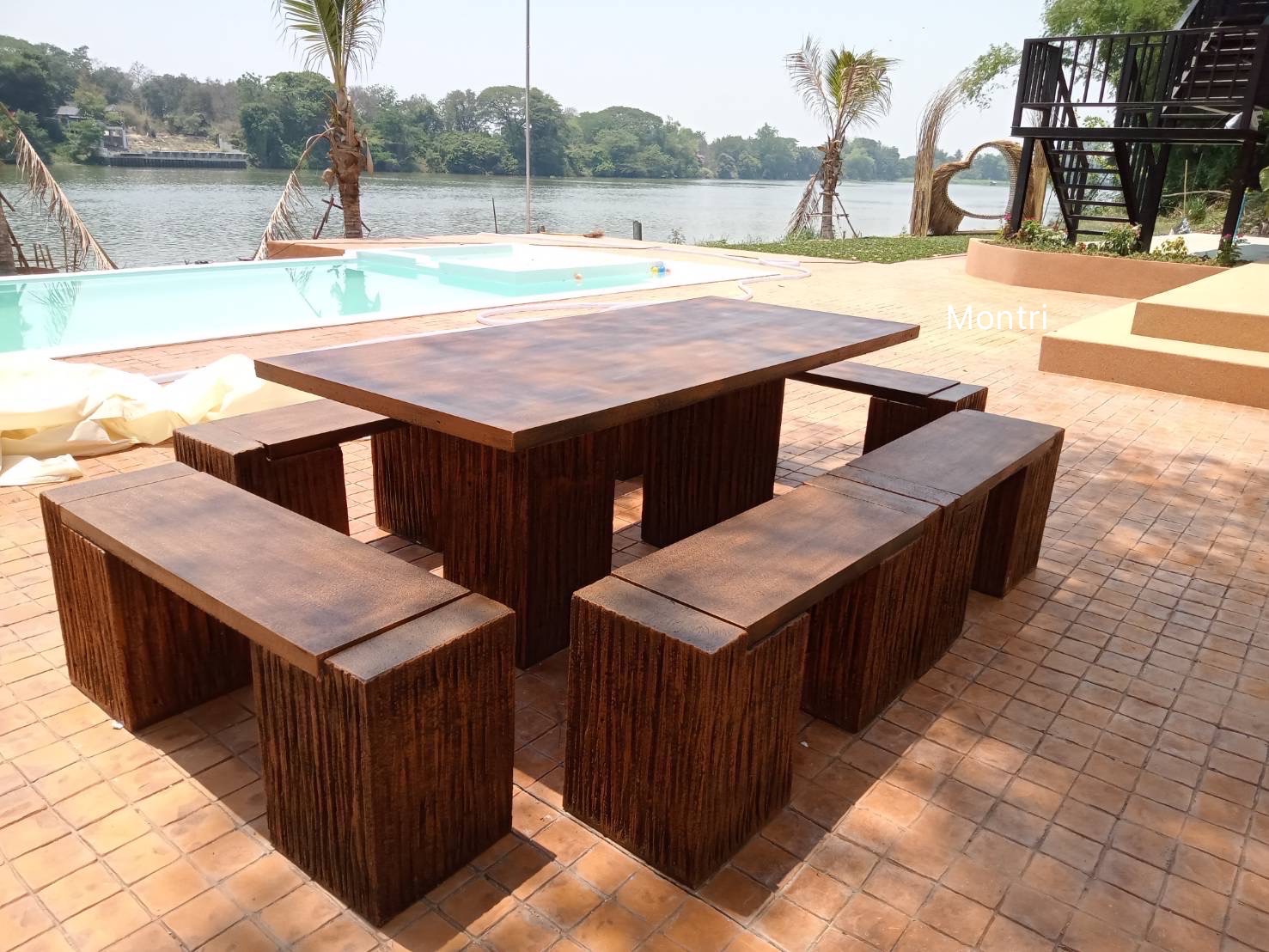 โต๊ะสนามลายไม้ สไตล์โมเดิร์น ชุดโต๊ะสนามกลางแจ้ง ชุดโต๊ะสนาม โต๊ะสนามกลางแจ้ง ชุด 12 ที่นั่ง ขนาด 180*80 cm.