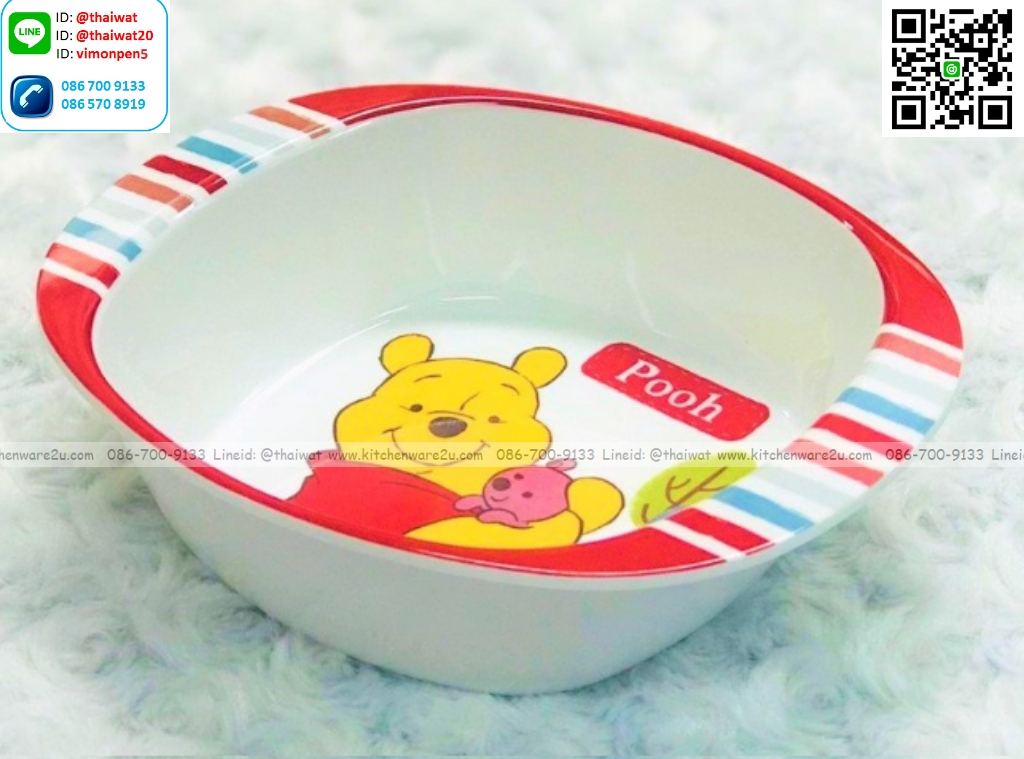 P09046 ชามมีที่จับ 6 นิ้ว พิมพ์ลายหมีพูห์ เมลามีนและลิขสิทธิ์แท้ Flowerware เครือซูปเปอร์แวร์ No.B225-6 (ราคาขายส่งต่อ 12 ใบ: เฉลี่ย 85 บ/ใบ)