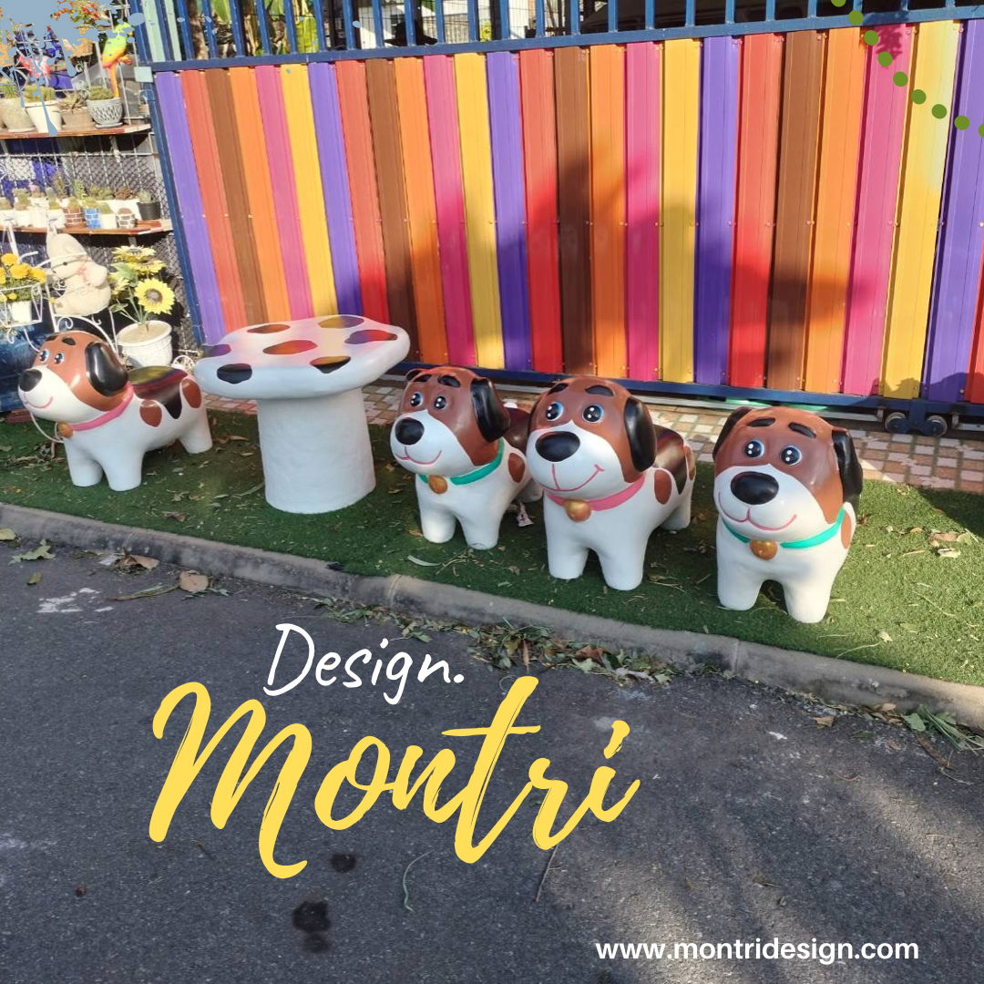 ชุดโต๊ะปูนรูปน้องหมา สุดน่ารัก โต๊ะเก้าอี้รูปสุนัข โต๊ะเก้าอี้ปูนปั้นรูปสุนัข ม้านั่งสนามในสวน ปลอกคอสีเขียวมิ้นท์