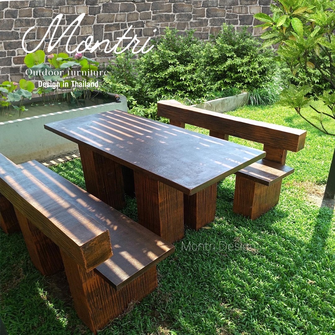 ชุดโต๊ะปูนลายไม้แบบพนักพิง ชุดโต๊ะสนาม รุ่น Montri2022 โต๊ะปูนสนาม เก้าอี้พนักพิง