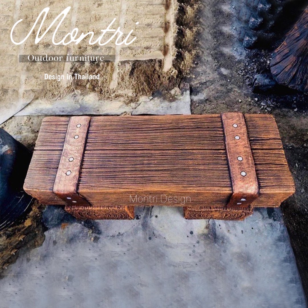 เก้าอี้ไม้หมอน ม้านั่งสนาม ม้านั่งปูนลายไม้ เก้าอี้ปูนลายไม้ รุ่น 40x40x120 cm. สีน้ำตาลคาดทองแดง