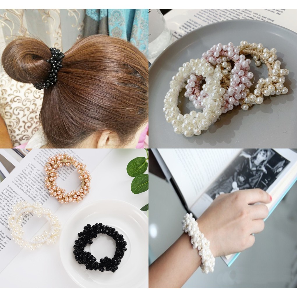 ยางรัดผม พันด้วยสายมุก รอบวง งานสวย วงมุกหนา **พร้อมส่ง**