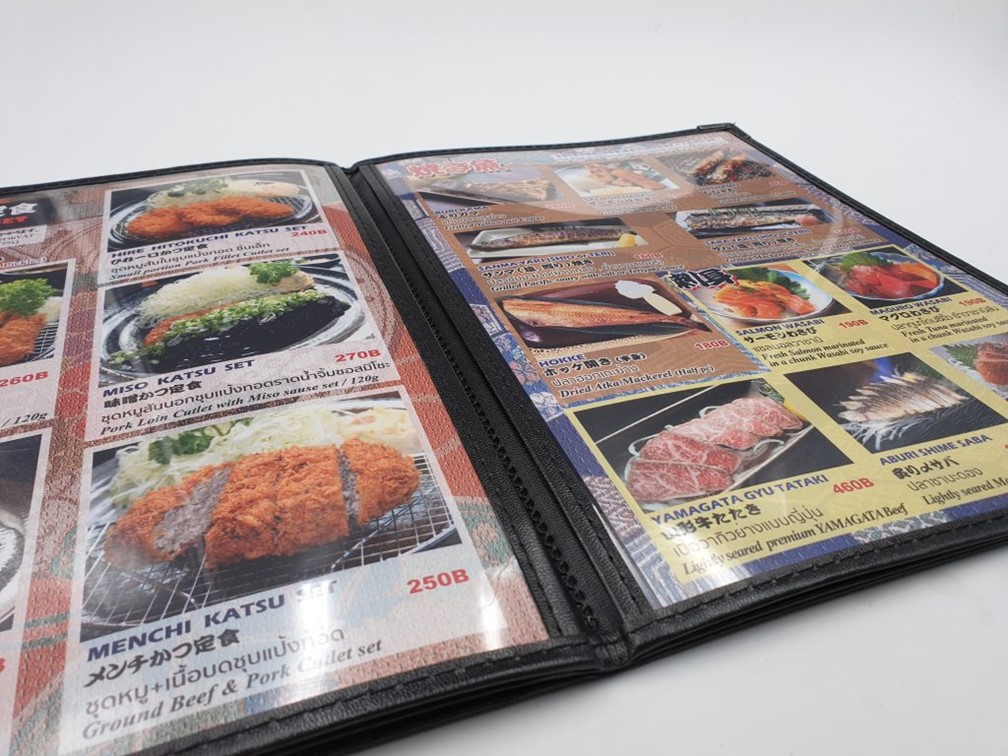 แฟ้มใส่เมนูอาหาร โบรชัวร์ เอกสาร ซองใส ปกหนัง 6ซอง12หน้า food menu pouch แฟ้มปกหนังเอนกประสงค์
