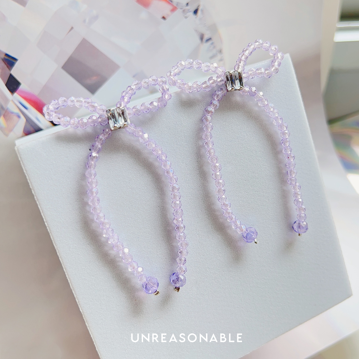 ต่างหูโบว์ สีม่วงอ่อน Purple Glass Bead ต่างหูคลิป ต่างหูก้านเงินแท้ UA0925-06 Unreasonable Accessories