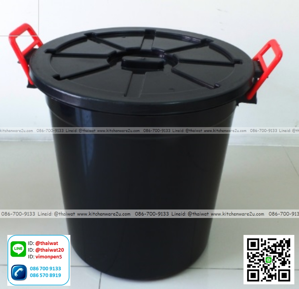 P12231 ถังน้ำ หูล๊อค พร้อมฝา 60 ลิตร (วัดภายนอก รวมฝา 55*55*54 cm) สีดำ รุ่นประหยัด No.715B ราคาขายส่งต่อ 1 โหล: 12 ใบ: เฉลี่ย 120 บต่อใบ