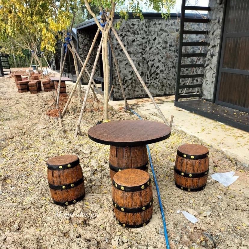โต๊ะถังเบียร์ ชุดโต๊ะสนาม โต๊ะสนามปูนลายไม้ งาน DIY เฟอร์นิเจอร์สนามกลางแจ้ง ชุด 4 ที่นั่ง