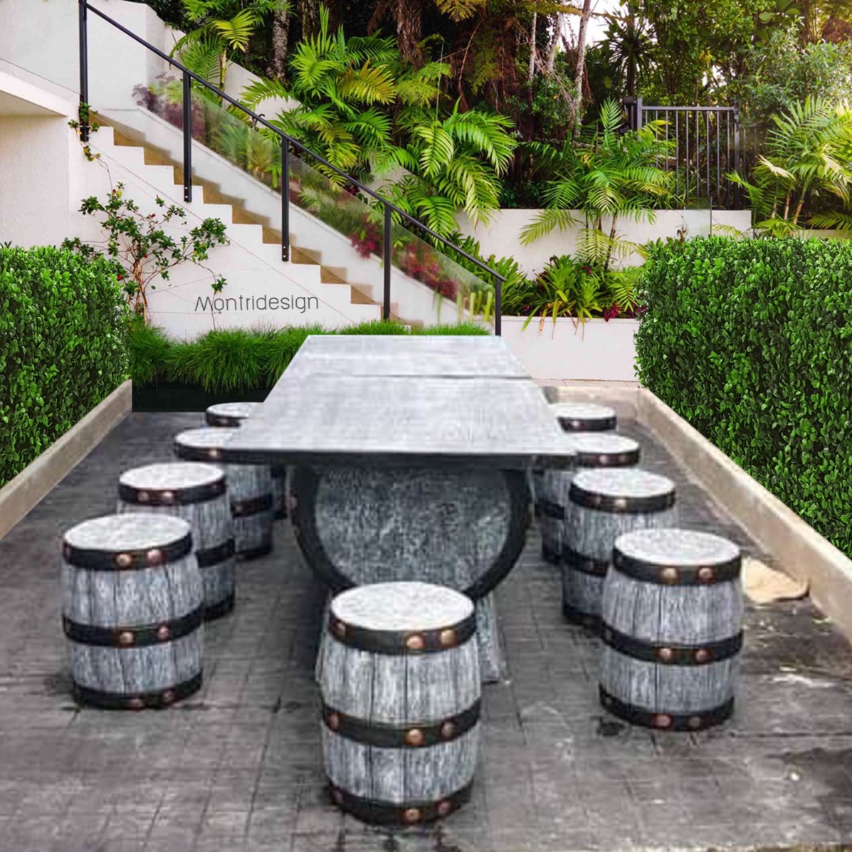 ชุดโต๊ะนามปูนลายไม้ ชุดโต๊ะถัง โต๊ะสนามปูนปั้น 12 ที่นั่ง สีเทาวิลเทจ