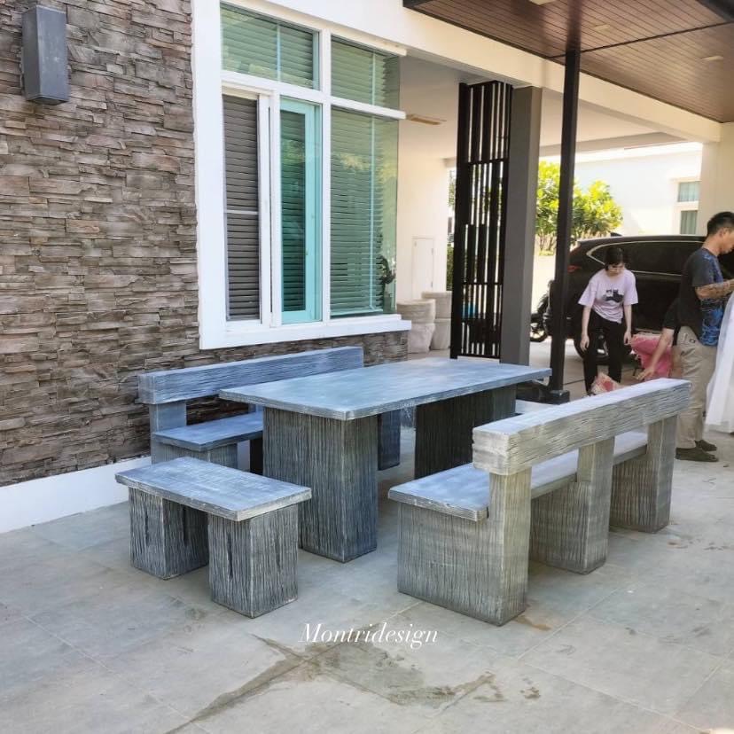 ชุดโต๊ะปูนลายไม้ ชุดโต๊ะเก้าอี้พนักพิง ขนาด 180*80 cm. สีไม้ธรรมชาติ