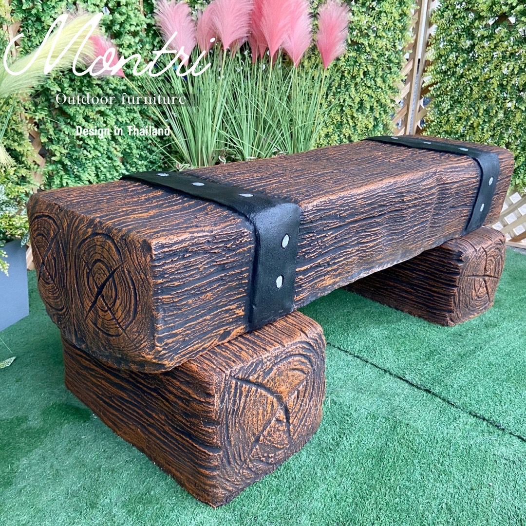 เก้าอี้ไม้หมอน สีน้ำตาลคาดดำ 30x120x40 cm. ม้านั่งสนามปูน เก้าอี้ปูนปั้น