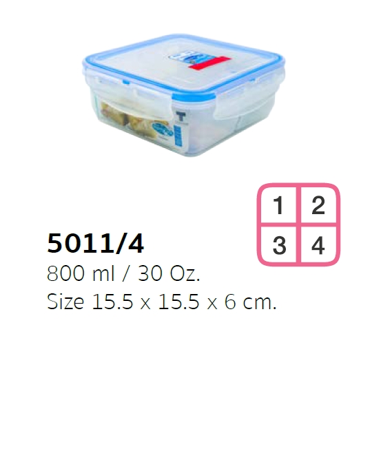 P07822 กล่องถนอมอาหาร Superlock แบ่ง 4 ช่อง No.5011-4 (ขนาด 14.5 ซม.(กว้าง) X 14.5 ซม.(ยาว) X 6 ซม.(สูง) ราคาส่งต่อ 12 ใบ :เฉลี่ย 70 บ.ใบ