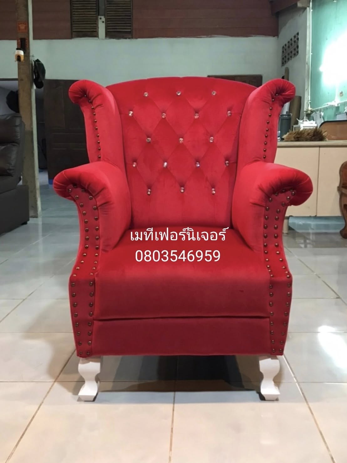 โซฟาเจ้าหญิงแบบ 1 ที่นั่ง ไซส์ มินิ ผ้ากำมะหยี่สีเเดง ❤️สไตล์วินเทจ