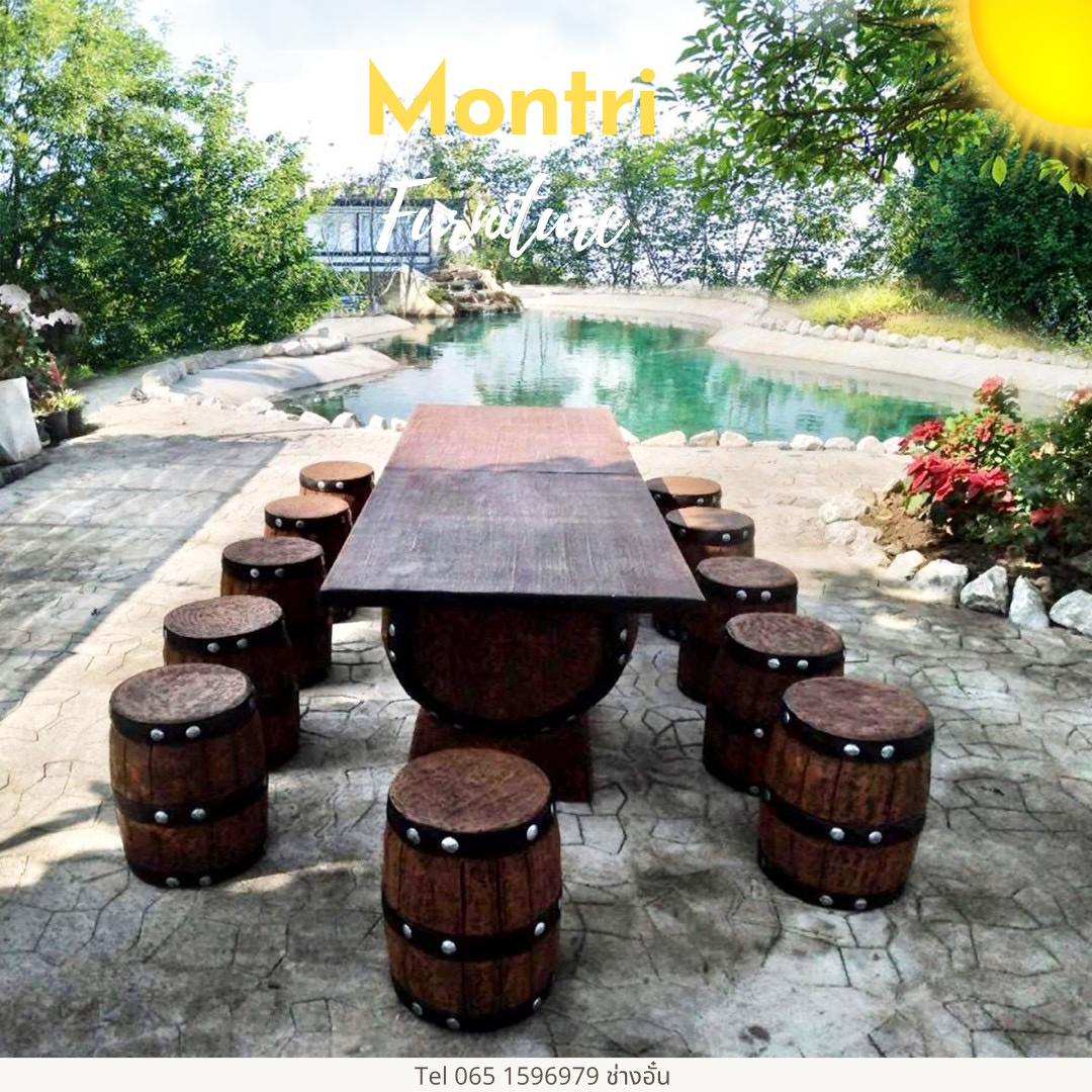 ชุดโต๊ะสนามปูนลายไม้ ชุดโต๊ะถัง โต๊ะสนามปูนปั้น 12 ที่นั่ง สีโอ๊ค