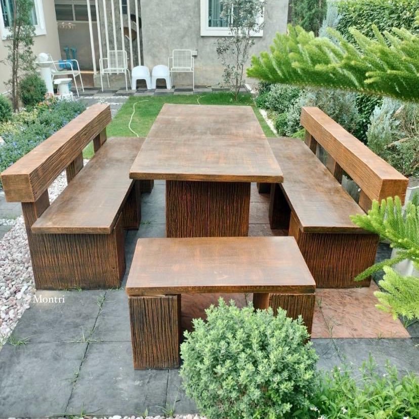 ชุดโต๊ะเก้าอี้พนักพิง ขนาด 180*80 cm. สีไม้ธรรมชาติ ชุดโต๊ะปูนลายไม้