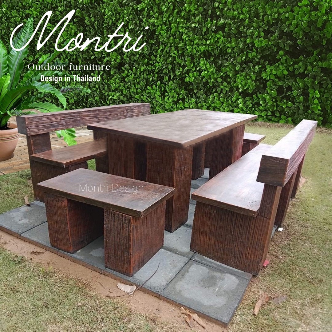 ชุดโต๊ะเก้าอี้พนักพิง ขนาด 180*80 cm. สีไม้ธรรมชาติ ชุดโต๊ะปูนลายไม้