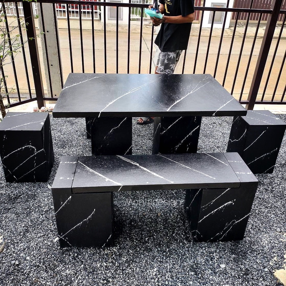 ชุดโต๊ะสนามปูนปั้น ชุดโต๊ะปูนสไตล์โมเดิร์น ชุด 6 ที่นั่ง สีดำสลัดขาว โต๊ะปูนสนาม