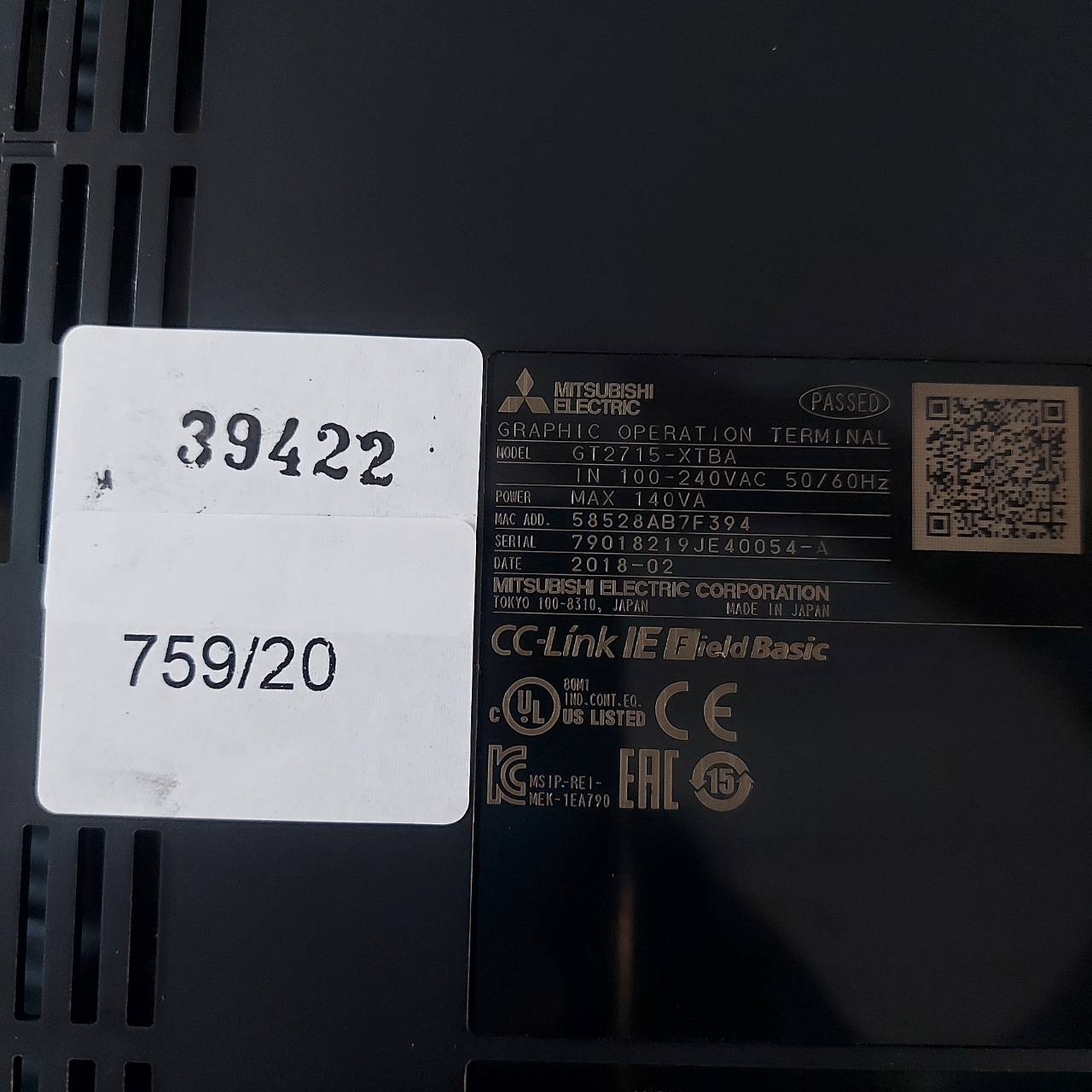 HMI "MITSUBISHI" MODEL : GT2715-XTBA