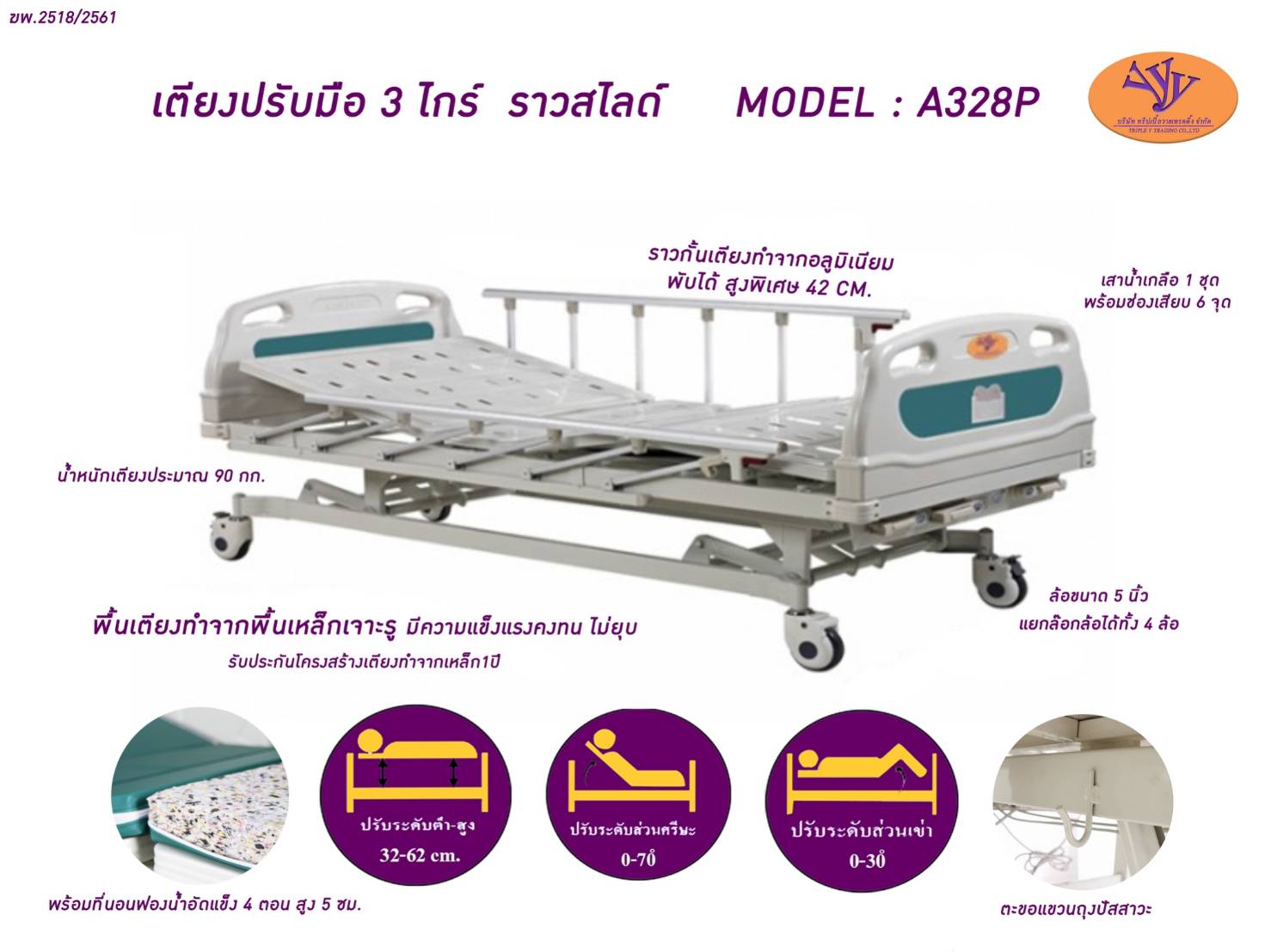เตียงผู้ป่วย 3 ไกร์ มือหมุน A328P หัว-ท้าย ABS ราวสไลด์ (Manual Hospital Bed) ปรับเตียงต่ำพิเศษ 37 ซม. เท้าสัมผัสพื้นได้อย่างปลอดภัย + พร้อมฟูกที่นอน 4 ตอน + เสาน้ำเกลือเสียบหัวเตียง