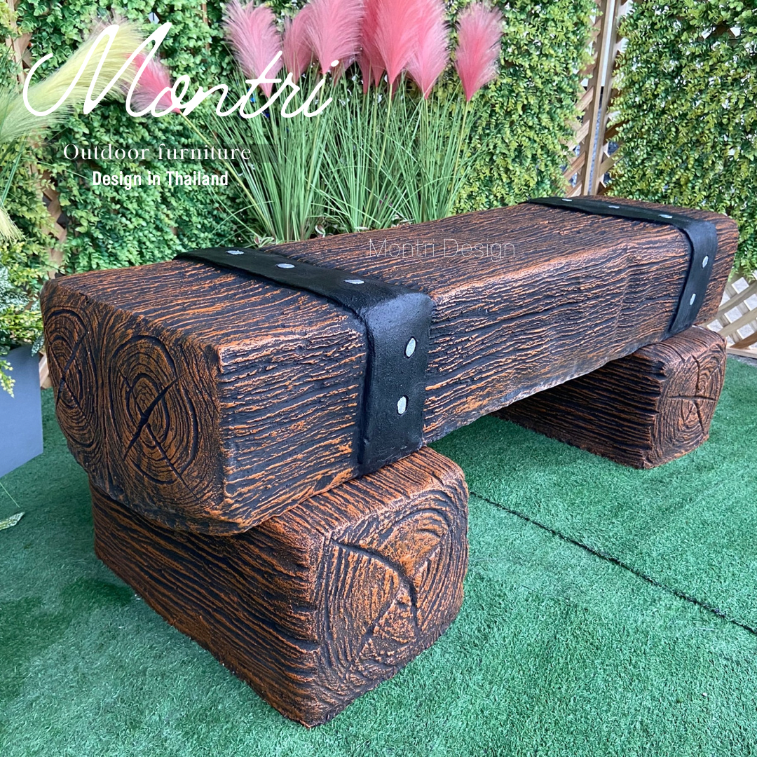 เก้าอี้ไม้หมอน สีน้ำตาลคาดดำ 30x120x40 cm. ม้านั่งสนามปูน เก้าอี้ปูนปั้น