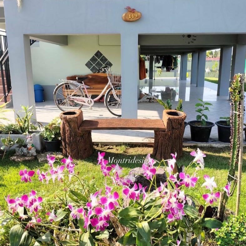 ม้านั่งสนามปูนปั้น เก้าอี้สนามปูนลายไม้ 2 in 1 ทรงโค้ง ม้านั่งปูนลายไม้ เก้าอี้แต่งสวน ม้านั่งแต่งสวน