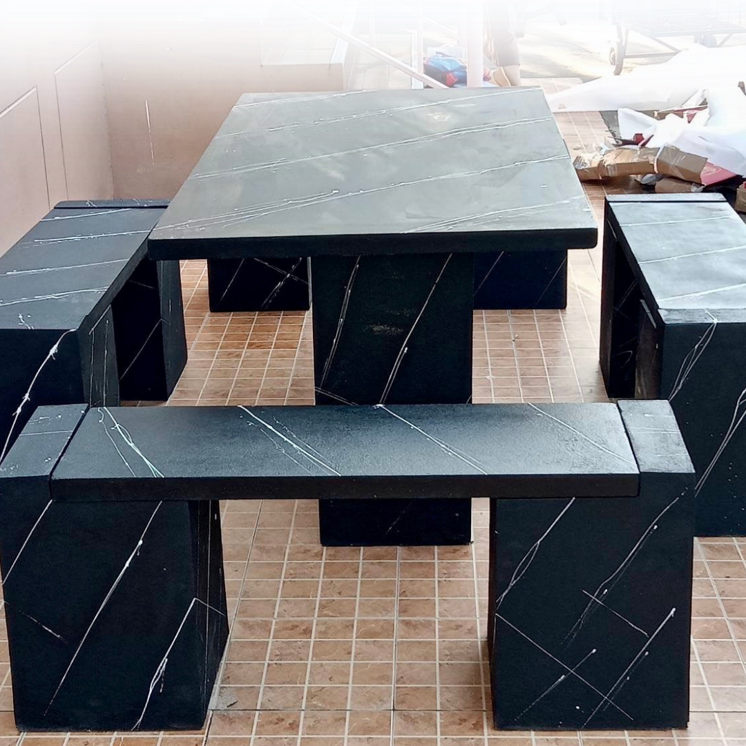 ชุดโต๊ะสนามโมเดิร์น ชุด 8 ที่นั่งพาดยาว สีดำสลัดขาว โต๊ะสนาม โต๊ะสนามปูนปั้น โต๊ะสนามกลางแจ้ง