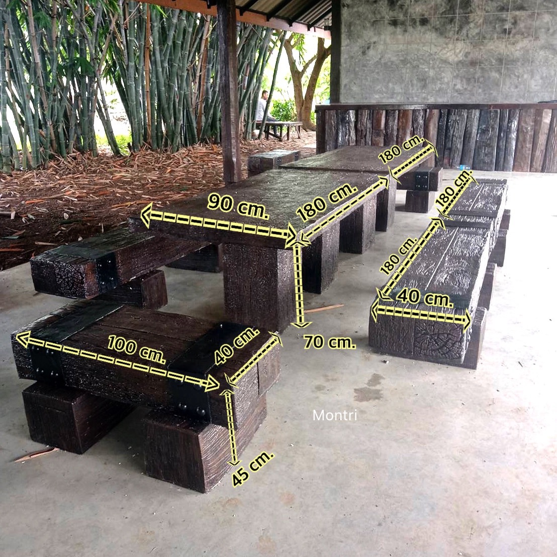 ชุดโต๊ะสนามไม้หมอน ชุดโต๊ะไม้หมอนรถไฟ ขนาดยาว 3.6 เมตร นั่งได้ 18-20 ท่าน งานดีไซน์โดยคนไทย มีบริการจัดส่งพร้อมติดตั้งทั่วไทย