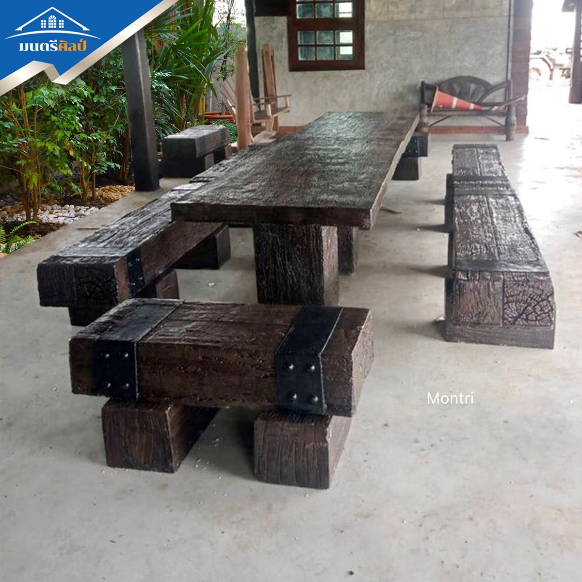 ชุดโต๊ะสนามไม้หมอน ชุดโต๊ะไม้หมอนรถไฟ ขนาดยาว 3.6 เมตร นั่งได้ 18-20 ท่าน งานดีไซน์โดยคนไทย มีบริการจัดส่งพร้อมติดตั้งทั่วไทย